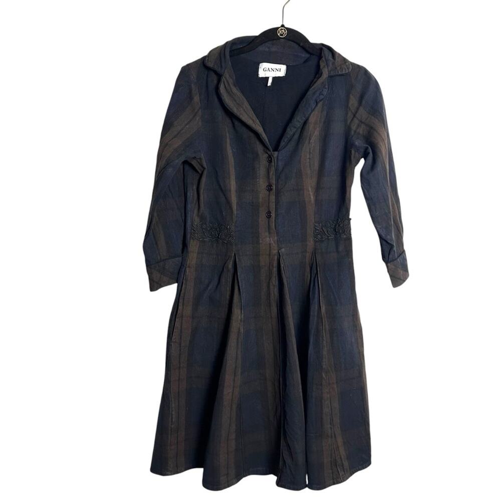 Ganni Navy Blue Plaid Fit Flare Shirt Dress w pockets!